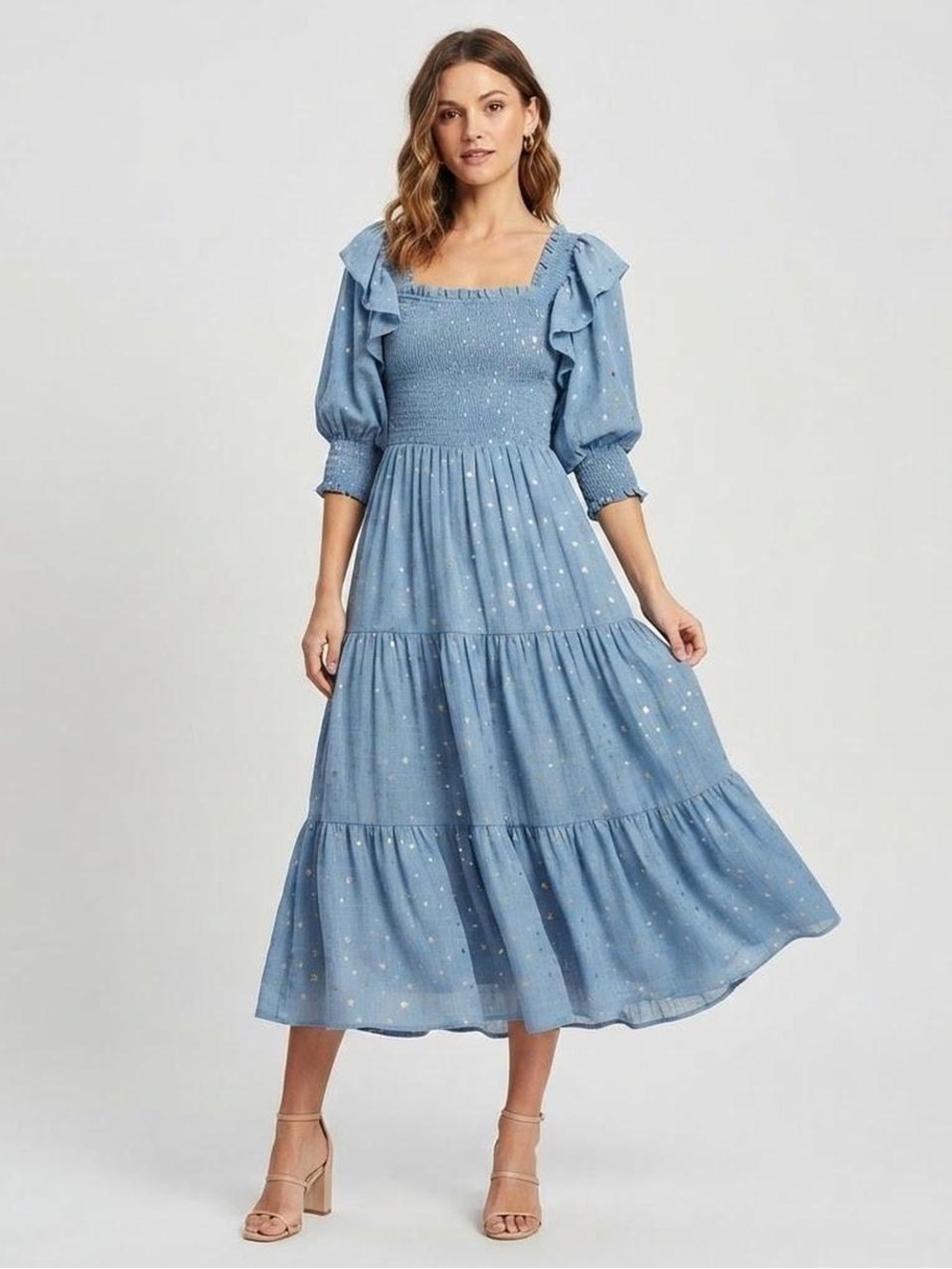 JESSAKAE smocked star gold printed dress 1XL blue event vacation casual